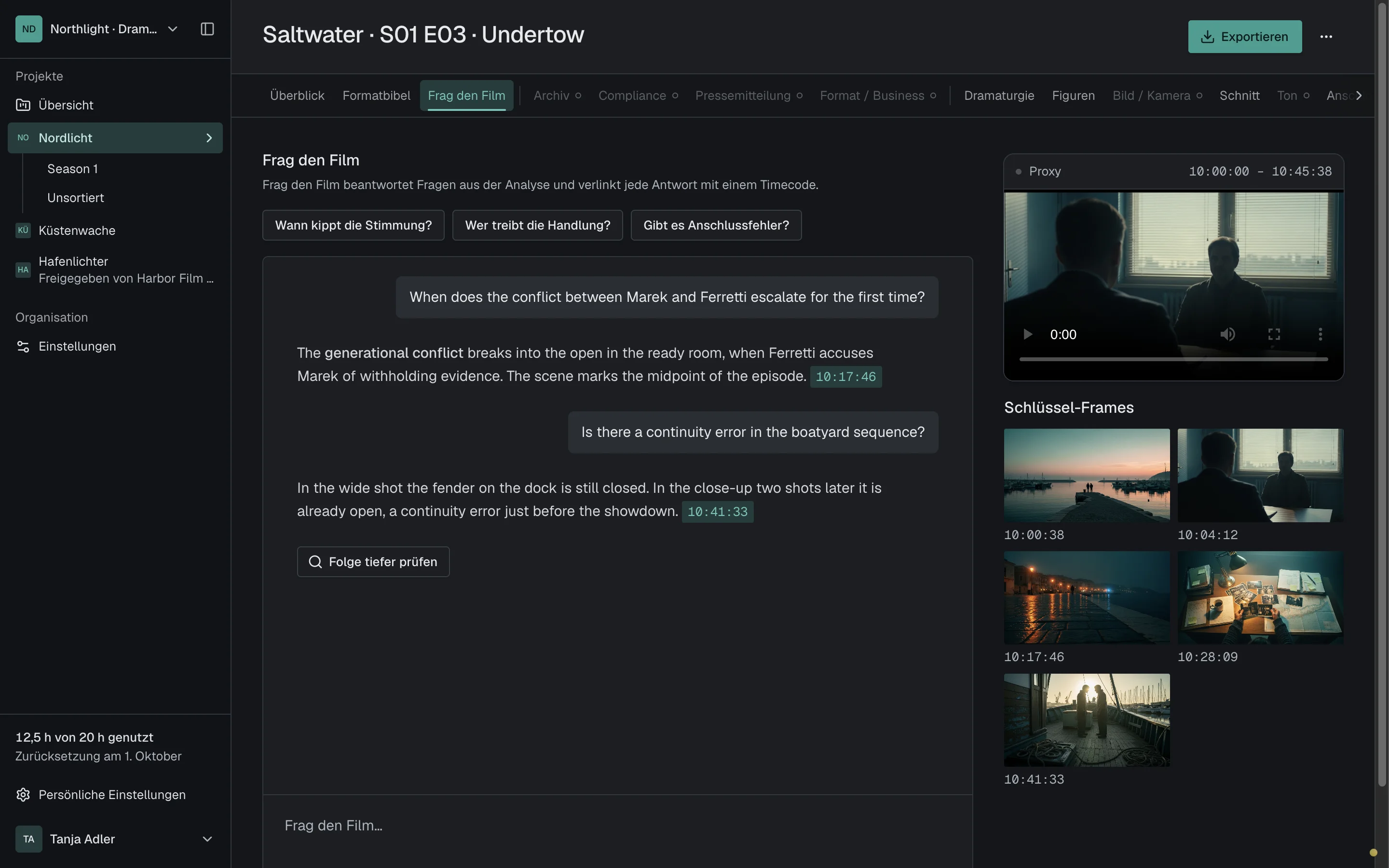 Ask the Film: linked Timecodes open the finding.