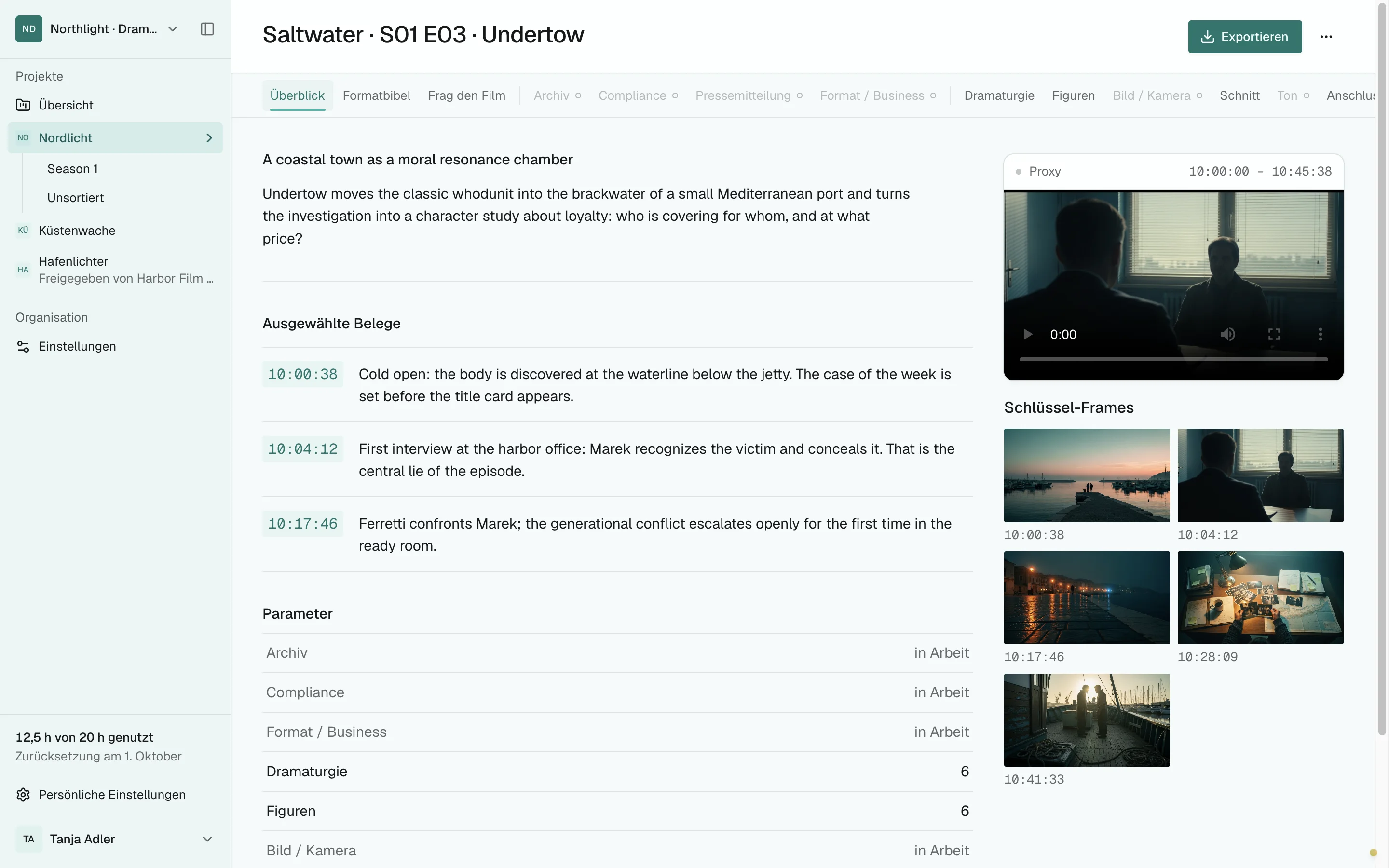 A Formatbibel from the sample episode Saltwater, supported by Belege from the material.